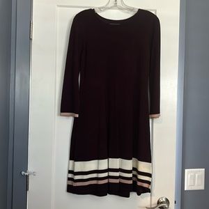 Wine, pink, and beige dress